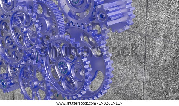 Mechanism blue metallic gears\
and cogs at work on green plate under spot light background.\
Industrial machinery. 3D illustration. 3D high quality rendering.\
3D CG.