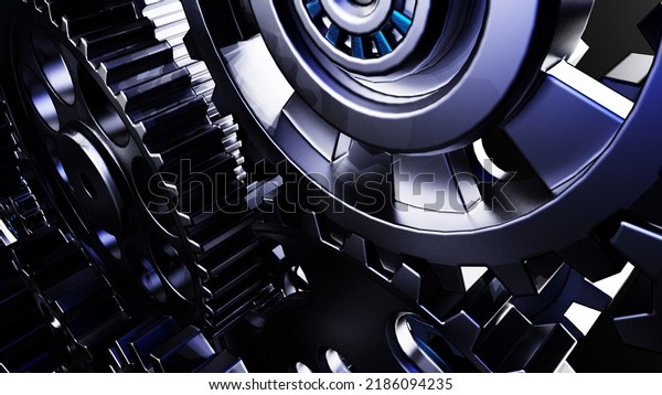 Mechanism blue metallic gears and\
cogs at work under white spot lighting background. Industrial\
machinery. 3D illustration. 3D high quality rendering. 3D\
CG.\
