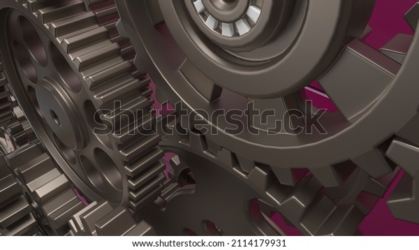 Mechanism dark brown\
metallic gears and cogs at work on purple plate under spot light\
background. Industrial machinery. 3D illustration. 3D high quality\
rendering. 3D\
CG.