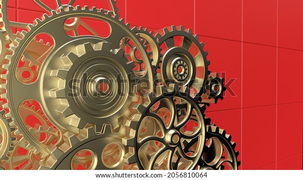 Mechanism gold metallic gears and cogs\
at work on red plate under spot light background. Industrial\
machinery. 3D illustration. 3D high quality rendering. 3D\
CG.