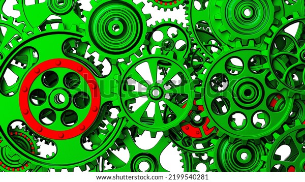 Mechanism green metallic gears and cogs\
at work under white spot lighting background. Industrial machinery.\
3D illustration. 3D high quality rendering. 3D\
CG.