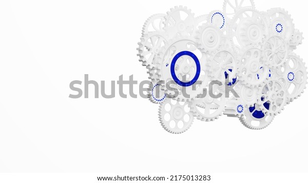 Mechanism white-blue metallic\
gears and cogs at work under white spot lighting background.\
Industrial machinery. 3D illustration. 3D high quality rendering.\
3D CG.