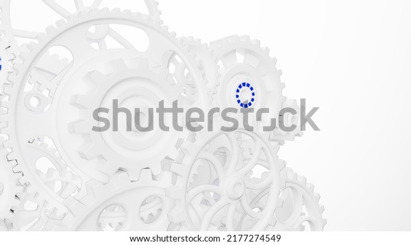 Mechanism white-blue metallic\
gears and cogs at work under white spot lighting background.\
Industrial machinery. 3D illustration. 3D high quality rendering.\
3D CG.\
