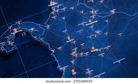 Medellin map big data visualization. Futuristic map infographic of city in Colombia. Visual map data complexity in modern blue and orange colors. 3D Illustration