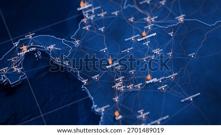 Medellin map big data visualization. Futuristic map infographic of city in Colombia. Visual map data complexity in modern blue and orange colors. 3D Illustration