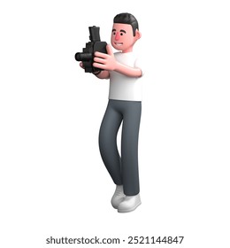 Media Service Provider 3D. A male photographer is standing with his right leg slightly bent and both hands holding an analog camera, looking focused while smiling. Male Photographer Cartoon - Powered by Shutterstock