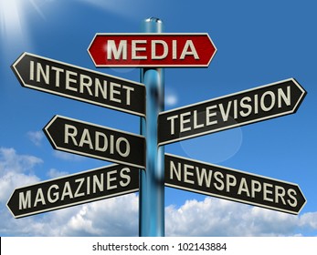 Media Signpost Shows Internet Television Newspapers Magazines And Radio. Broadcasting Information And Commercial News Such As Advertising And Virtual Tv.