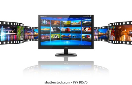 Media telecommunications and streaming video concept: widescreen TV display with streaming video gallery and filmstrip with color pictures isolated on white reflective background