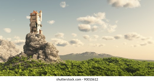 Mediaeval or fantasy tower on a rocky outcrop surrounded by empty moorland and trees, 3d digitally rendered illustration