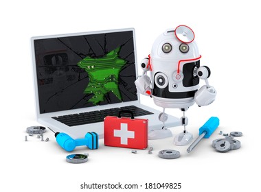 Medic Robot. Laptop repair concept. Isolated on white background - Powered by Shutterstock