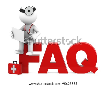 Medic sitting on FAQ sign. Frequently asked questions concept. Isolated Stock photo © 