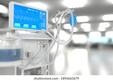 Medical 3D illustration, ICU artificial lung ventilator with fictive design in bright hospital with soft focus - fight 2019-ncov concept