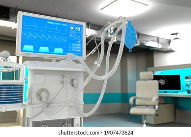 Medical 3D illustration, ICU artificial lung ventilator with fictive design in therapy hospital with bokeh - heal corona virus concept