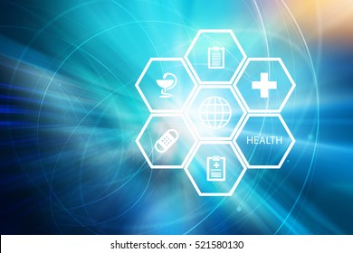 Medical Abstract Background; Suitable for Healthcare and Medical News Topic,White Symbols on Hexadecimal Shapes in Front of World Map Background. Health Business and Trading System in This Industries.
