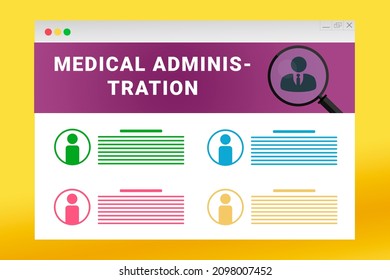 Medical Administration Logo In Header Of Site. Medical Administration Text On Job Search Site. Jobs In Browser Window. Internet Job Search Concept. Employee Recruiting Metaphor