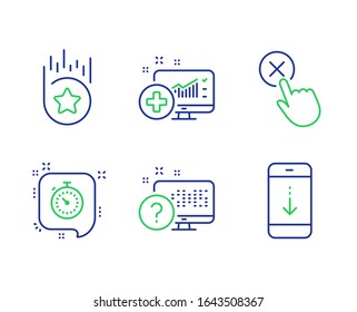 Medical Analytics, Reject Click And Loyalty Star Line Icons Set. Online Quiz, Timer And Scroll Down Signs. Medicine System, Delete Button, Bonus Reward. Web Support. Technology Set.