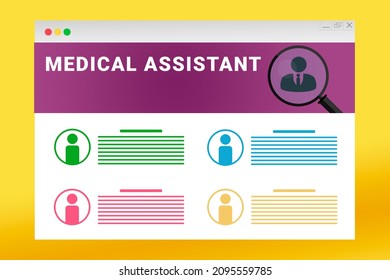 Medical Assistant Logo In Header Of Site. Text On Job Search Site. Online With Medical Assistant Resume. Jobs In Browser Window. Internet Job Search Concept. Employee Recruiting Metaphor