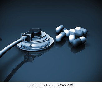 medical background with stetoscope and pills