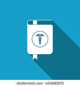 Medical Book And Caduceus Medical Symbol Icon Isolated With Long Shadow. Medical Reference Book, Textbook, Encyclopedia. Scientific Literature