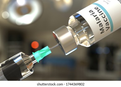 Medical Bottle With Malaria Vaccine And Syringe Or Doctor, 3D Rendering