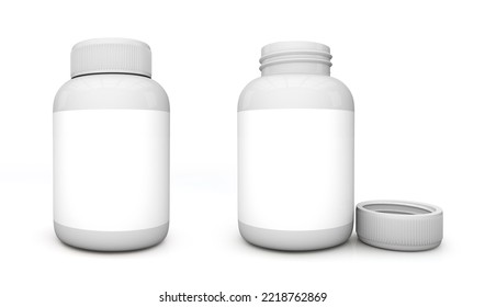 Medical Bottles 3d Isolated On White Background. Pills White Plastic Bottles With Cap Open And Close. Plastic Supplement Container Vitamin Capsule Bottle. 3d Rendering