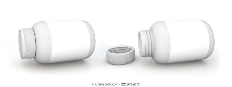 Medical Bottles Open And Close 3d Isolated On White Background. Vitamin Capsule Bottle Isolated. 3d Rendering