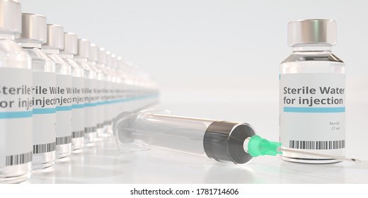 Medical Bottles With Sterile Water For Injection And Syringe, 3D Rendering