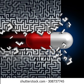 Medical Breakthrough Concept  And A Successful Medication Discovery Symbol As A Healthcare Medicine Solution With A Capsule Pill Breaking Through A Maze Or Labyrinth.