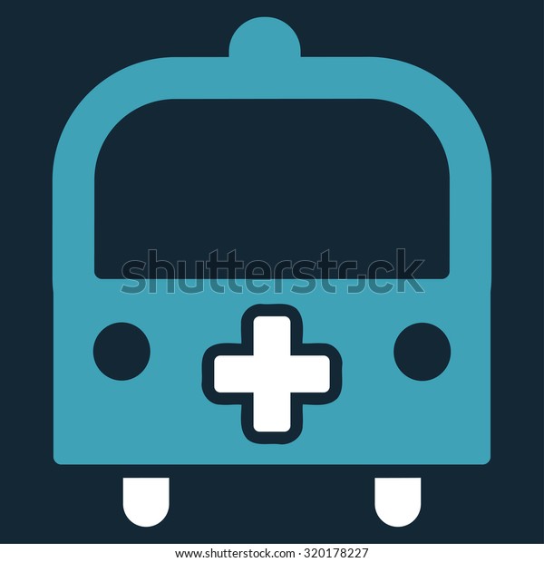 Medical Bus\
glyph icon. Style is bicolor flat symbol, blue and white colors,\
rounded angles, dark blue\
background.