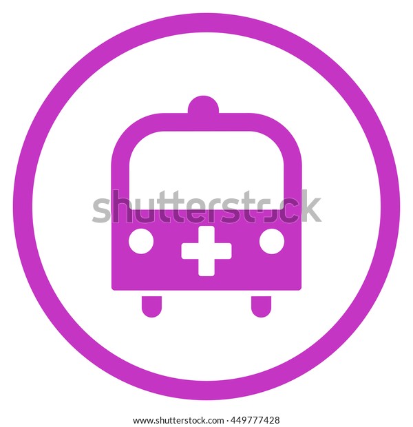 Medical Bus glyph icon. Style\
is flat circled symbol, violet color, rounded angles, white\
background.