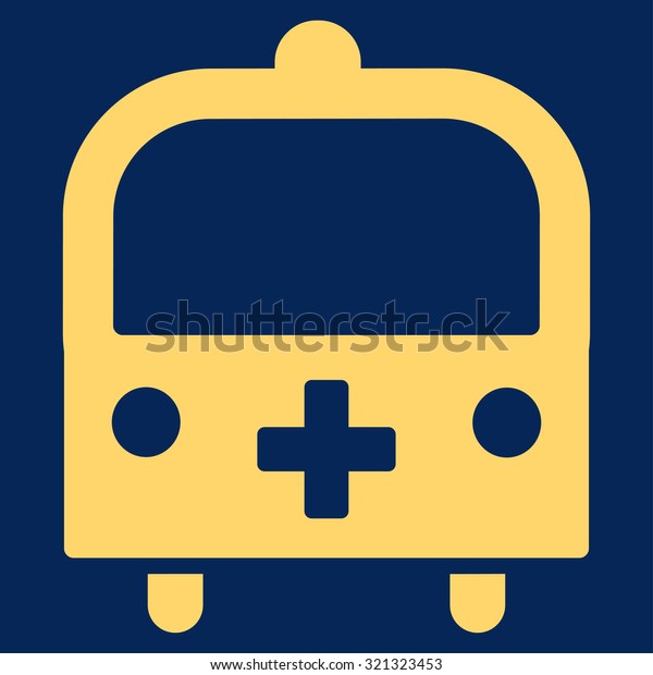 Medical Bus raster icon. Style\
is flat symbol, yellow color, rounded angles, blue\
background.