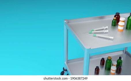 medical cabinet trolley with medical syringes, flask and jars close up 3d illustration