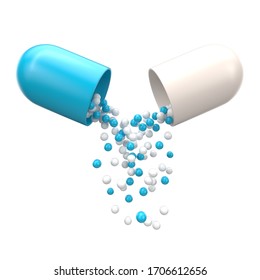  medical capsules Large open white and blue pill with medicine. 3D rendering