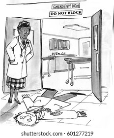 Medical Cartoon Showing A Flattened Physician Outside Of The ER Door.       