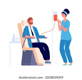 Medical Check In. Man Blood Donor, Isolated Flat Male Volunteer And Nurse. Transfusion Donating Or Analysis In Health Center Illustration