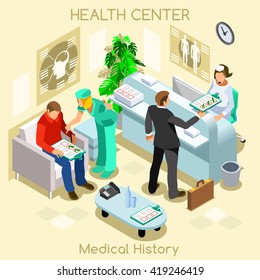 Medical Clinic Hospital Health Center. Patient Medicals History Waiting Room Before Medical Visit. Hospital Clinic Reception Patients Waiting Medicals Consult Illustration.