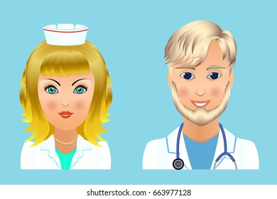 Medical clinic staff flat avatars of doctors, nurses, surgeon, assistant.  Hospital personnel multiracial faces. - Powered by Shutterstock