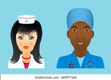 Medical clinic staff flat avatars of doctors, nurses, surgeon, assistant.  Hospital personnel multiracial faces. - Powered by Shutterstock