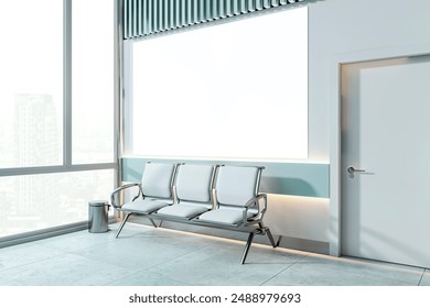 Medical clinic waiting area with chairs and large empty billboard, modern interior style on a sunny background, concept of medical advertisement. 3D Rendering - Powered by Shutterstock