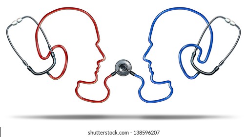 Medical communication with a group of doctor stethoscope equipment in the shape of two human heads connected together in a health care network for patient information exchange on a white background. - Powered by Shutterstock