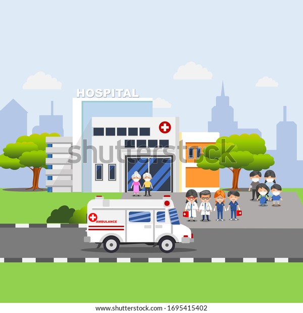 Medical concept with\
hospital building and doctor in flat style. Panoramic background\
with hospital building, doctors, nurses, patient  and ambulance car\
in flat style.