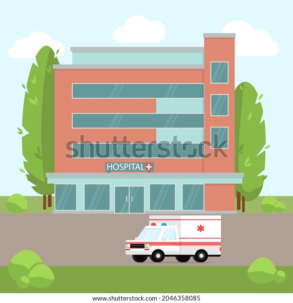 Medical concept\
with hospital building in flat style. Landscape of the city with a\
hospital building, an ambulance.\
