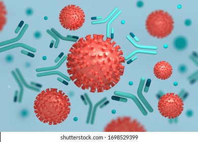 Medical concept illustration corona virus particles interacting with epitopes of antibodies immunoglobulins produced by immune system. 3d illustration.