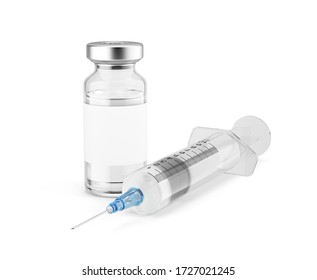 Medical Concept - Syringe And Medical Vial For Injection Isolated On White. 3d Rendering