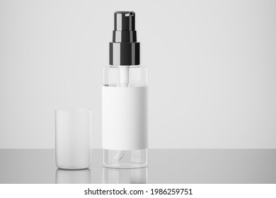 Medical Or Cosmetic Spray Mockup. Empty Spray Bottle Mockup. Black Spray Lid. Transparent Spray Bottle With Label. 3d Render.