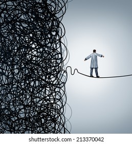 Medical Crisis Management With A Doctor Walking On A Straight Line Out Of A Confused Mess Of Tangled Wires As A Health Care Concept  For A Hospital Manager Working For Patients Or Finding A Cure.