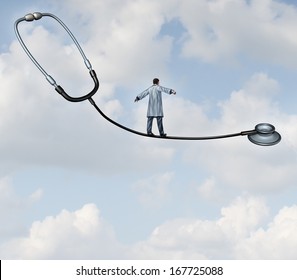 Medical Decisions Health Care Concept With A Doctor In A Lab Coat Walking A Stethoscope  Tight Rope On A Blue Sky As A Metaphor For Hospital Therapy Risk As A Balancing Act For Successful Therapy.