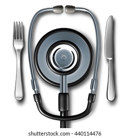 Medical Diet And Nutritionist Doctor Or Dietician And Dietitian Stethoscope Shaped As A Plate With A Knife And Fork As A Medicine Icon Of Health Food Nutrition Advice As A 3D Illustration.