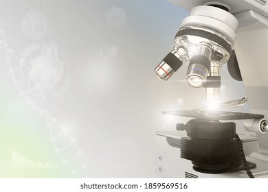 Medical Discovery Concept, Medical 3D Illustration Of  Laboratory Modern Scientific Microscope With Flare On Colorful Overlay Background