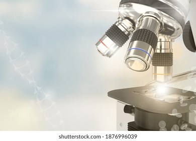 Medical Discovery Concept, Medical 3D Illustration Of Lab Electronic Scientific Microscope With Flare On Colorful Overlay Background